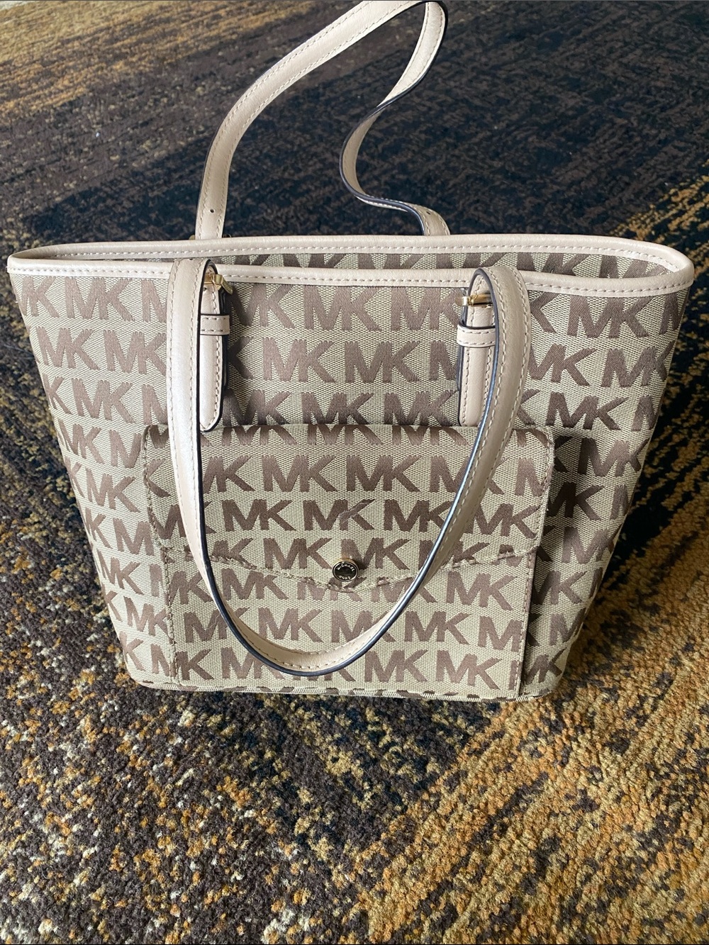 Michael Kors Light Beige MK Signature Tote with Front Pocket